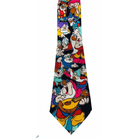 Vintage 80s 100% Silk Disney Snow White's Seven Dwarfs Diamond Tie Balancine NOS - Picture 1 of 5